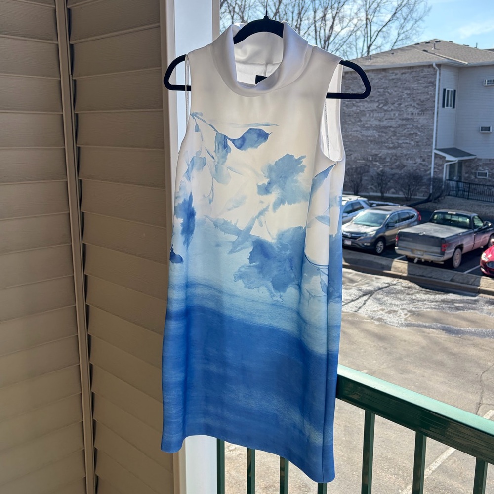 ✨Donna Karan New York Blue Watercolor Sleeveless Sheath Dress Size 2 Mock Midi - Picture 3 of 14